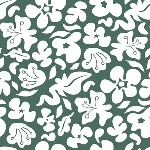 Tropical Squiggles White on Pine Green