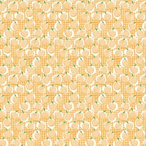 Peach-y Peach! 80s Kitsch Fruit -- Peaches over Peach-Orange Gingham Plaid -- 10.83in x 9.00in repeat -- 941dpi (16% of Full Scale)