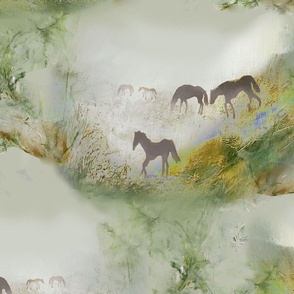 horses, fog, calm, greenery, autumn breath, endless pattern