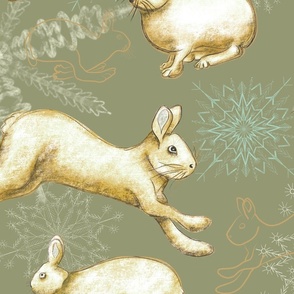 Ice crystal snowflakes and artic hares in Soft sage greens. 