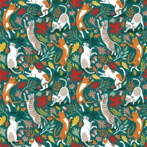Tiny scale // Autumn joy // pine green background cats dancing with many leaves in fall colors