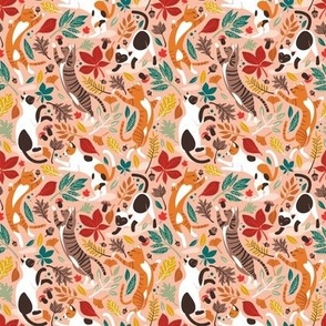 Tiny scale // Autumn joy // flesh coral background cats dancing with many leaves in fall colors 