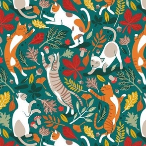 Small scale // Autumn joy // pine green background cats dancing with many leaves in fall colors