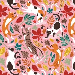 Small scale // Autumn joy // light pink background cats dancing with many leaves in fall colors 