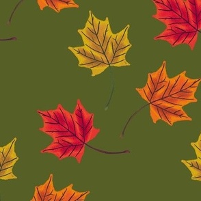 Fall Maple Leaves on retro green