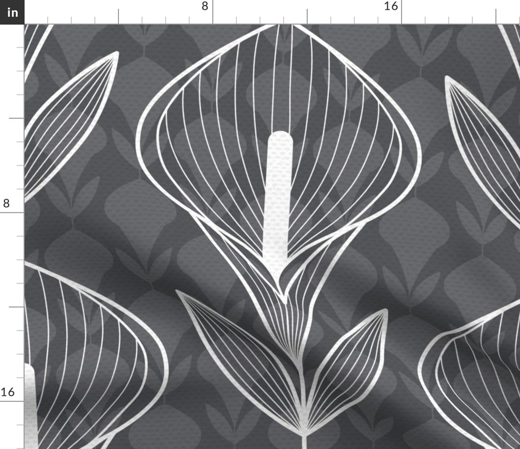 Calla Lily Geometric damask- white on grey - large scale - lilies, floral wallpaper, neutral