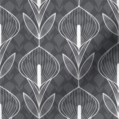 Calla Lily geometric damask - white on grey - small scale 
