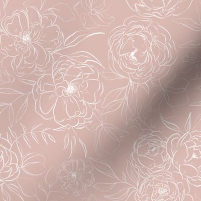 Sketch Peonies in White on Dusty Pink