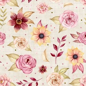 Large Scale Watercolor Floral Cranberry Pink Ivory