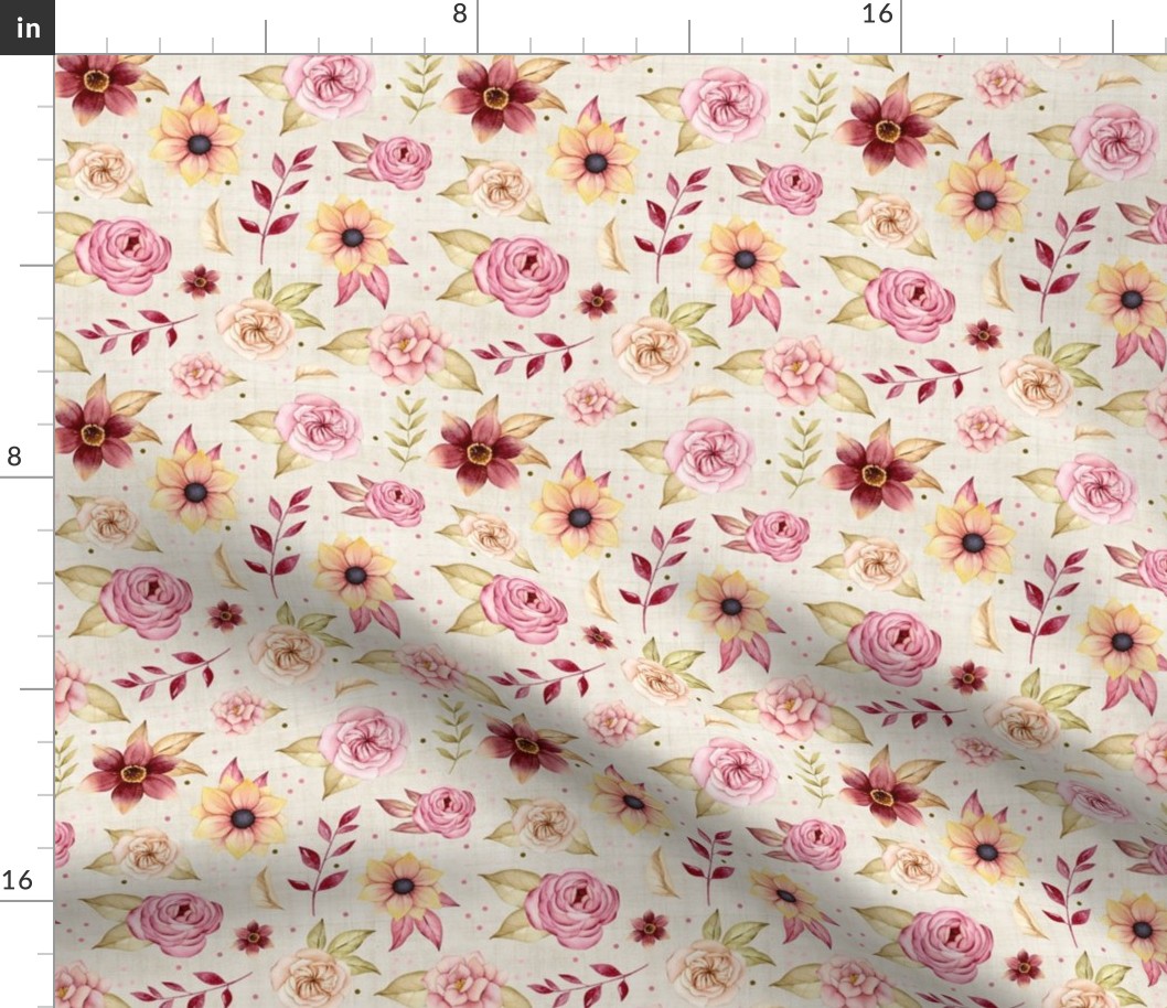 Medium Scale Watercolor Floral Cranberry Pink Ivory