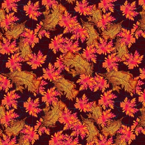 Orange hand printed leaves scattered on dark crackled background