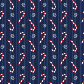 Bigger Scale Candy Canes Snowflakes on Navy Stripes