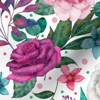 Large Scale Watercolor Floral Fuchsia Pink White Purple Blue Flowers