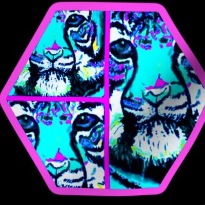 Turquoise tiger collage of 3 with hexagon/fuchsia outline on black