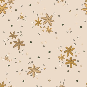 Yellow flowers and dots on tan background