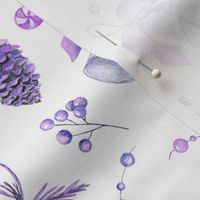 Purple bells and pinecones on white