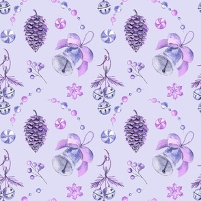 Christmas bells and pine cones on lilac