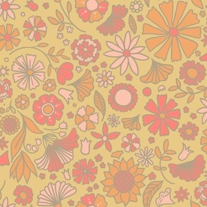 Psychedelic Retro Floral - Muted Gold Orange Coral Pink