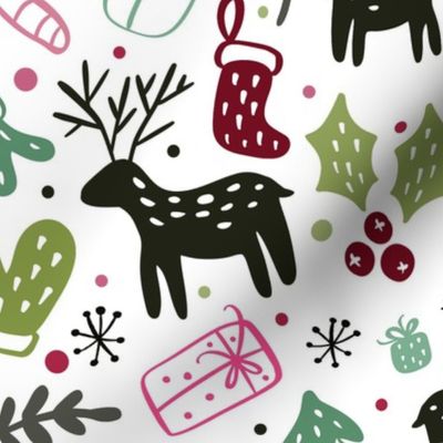 Large Scale Pink and Green Winter Holiday Christmas Doodles