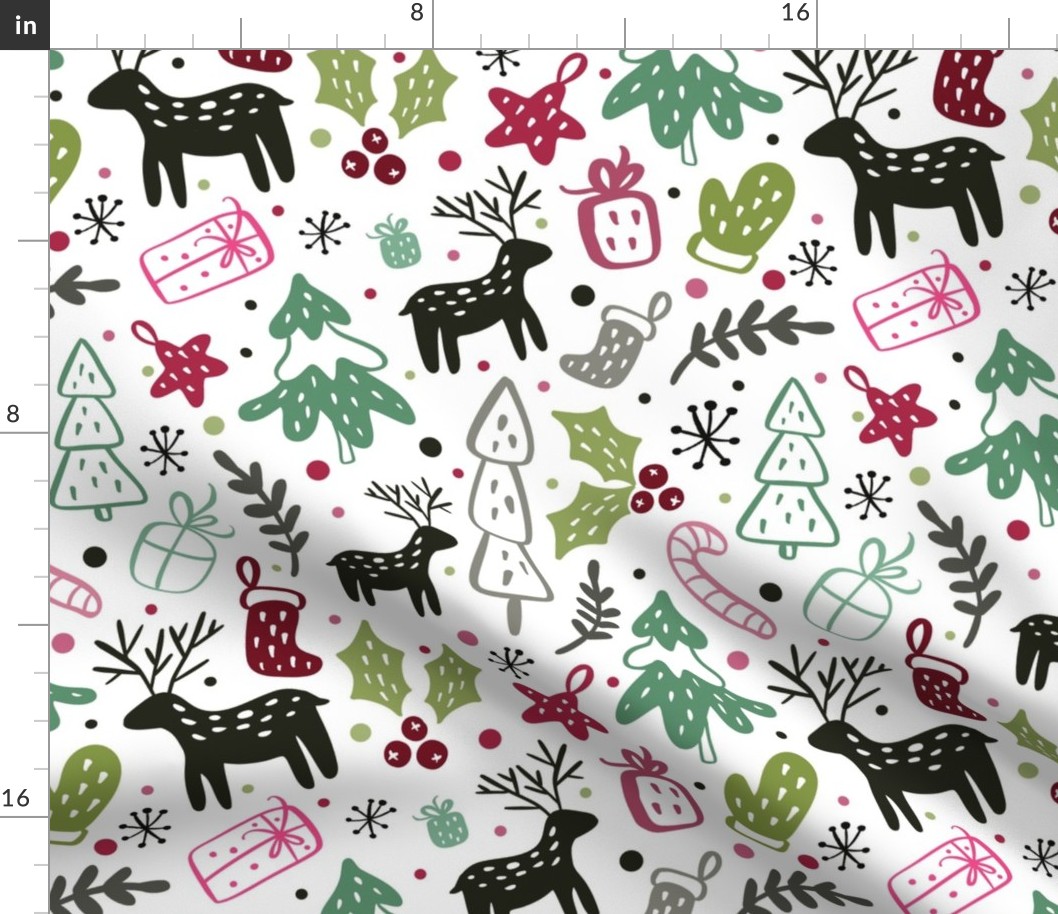 Large Scale Pink and Green Winter Holiday Christmas Doodles