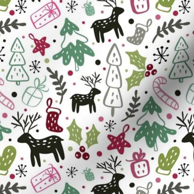 Medium Scale Pink and Green Winter Holiday Christmas Doodles