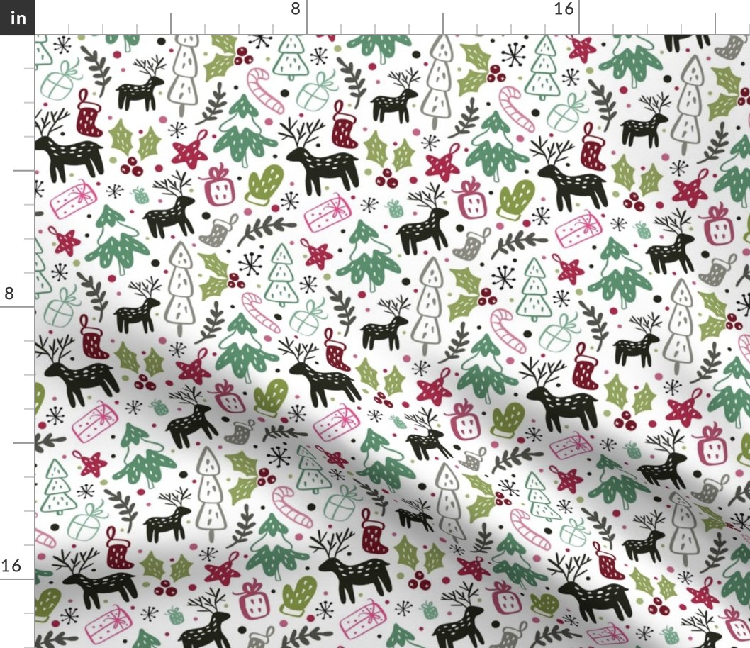 Medium Scale Pink and Green Winter Holiday Christmas Doodles