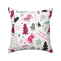 Large Scale Pink and Green Winter Wonderland Sledding Ice Skating Holiday Christmas Doodles