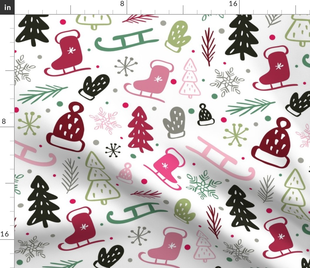 Large Scale Pink and Green Winter Wonderland Sledding Ice Skating Holiday Christmas Doodles