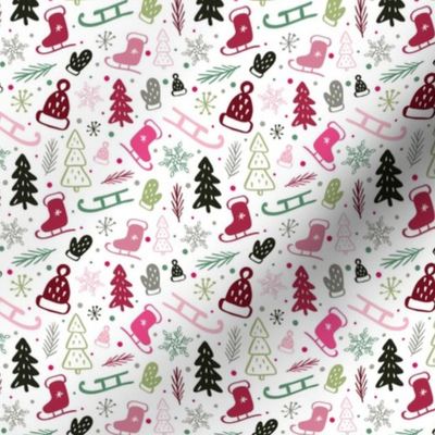 Small Scale Pink and Green Winter Wonderland Sledding Ice Skating Holiday Christmas Doodles