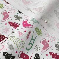 Small Scale Pink and Green Winter Wonderland Sledding Ice Skating Holiday Christmas Doodles