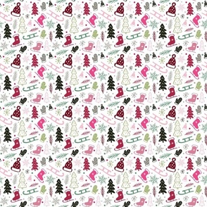 Small Scale Pink and Green Winter Wonderland Sledding Ice Skating Holiday Christmas Doodles