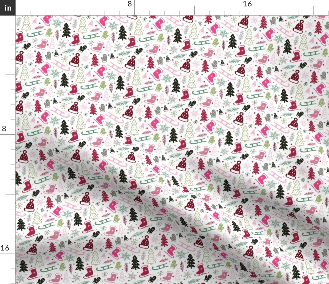 Small Scale Pink and Green Winter Wonderland Sledding Ice Skating Holiday Christmas Doodles