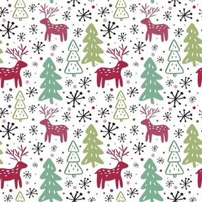 Medium Scale Pink and Green Winter Wonderland Snowflake Holiday Forest 