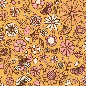 Psychedelic Retro Floral - Bold Gold Brown & Pink