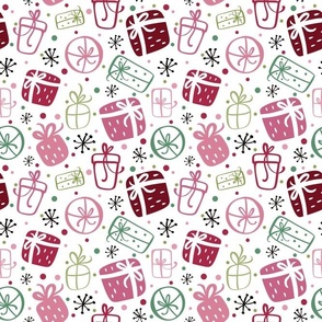 Medium Scale Pink and Green  Holiday Gift Doodles Winter Wonderland