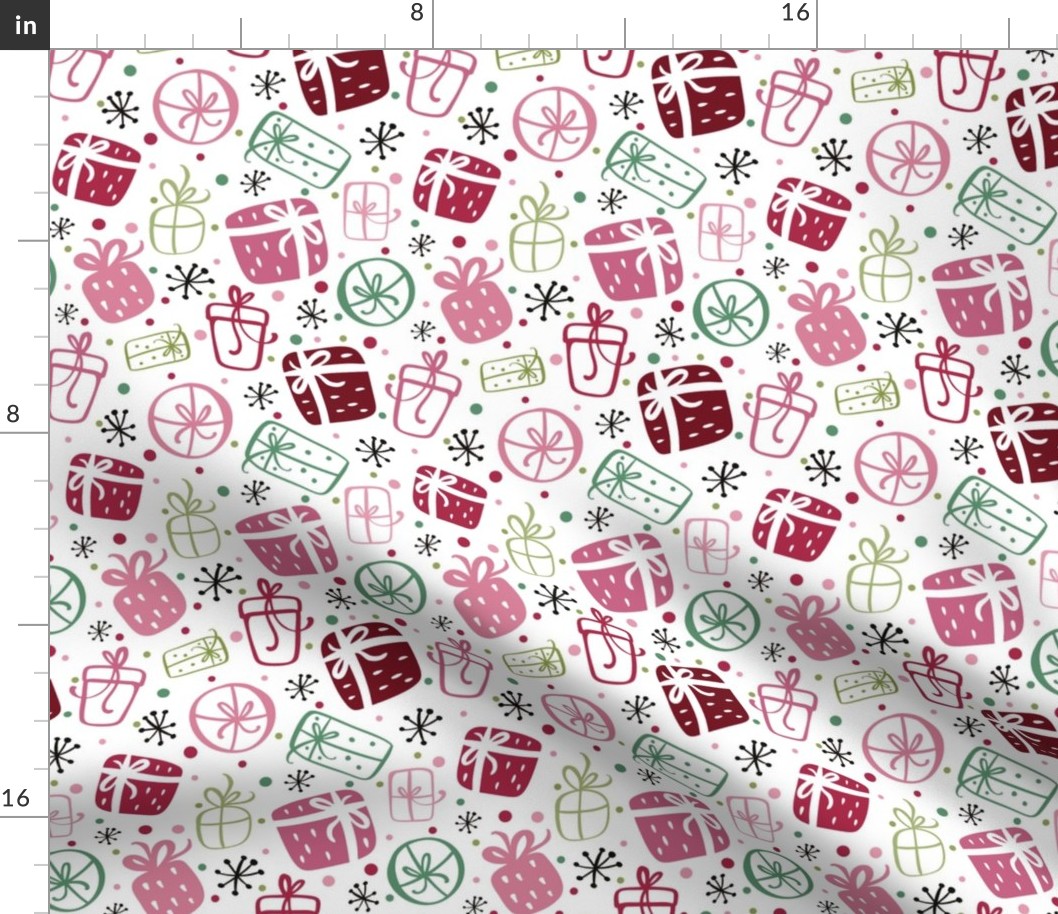 Medium Scale Pink and Green  Holiday Gift Doodles Winter Wonderland