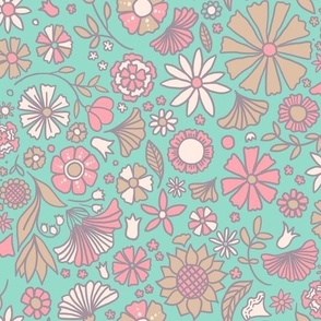 Psychedelic Retro Floral - Mint Turquoise Dusty Rose Pink