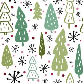 Large Scale Wintry Holiday Forest Pink and Green Christmas Tree Doodles