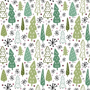 Medium Scale Wintry Holiday Forest Pink and Green Christmas Tree Doodles