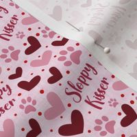 Small Scale Sloppy Kisser Funny Dog Paw Prints and Hearts in Pink