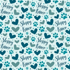 Medium Scale Sloppy Kisser Funny Dog Paw Prints and Hearts in Blue