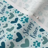 Small Scale Sloppy Kisser Funny Dog Paw Prints and Hearts in Blue