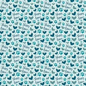 Small Scale Sloppy Kisser Funny Dog Paw Prints and Hearts in Blue