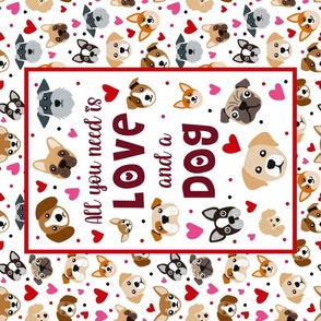 Large 27x18 Fat Quarter Panel Wall or Door Hanging Tea Towel Size All You Need is Love Puppy Dogs and Hearts