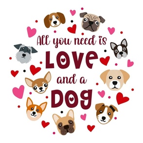 18x18 Square Panel for Cushion or Pillow All You Need is Love Puppy Dogs and Hearts