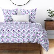 Medium Scale Pink and Purple Flower Garden Fuchsia Periwinkle Blue Floral
