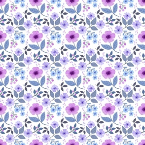 Medium Scale Pink and Purple Flower Garden Fuchsia Periwinkle Blue Floral