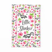 Large 27x18 Panel Little Stinker Baby Skunks Pink Flowers for Wall Hanging or Tea Towel