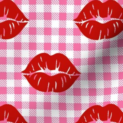 Large Scale Bright Red Lips on Hot Pink and White Gingham Checker Plaid