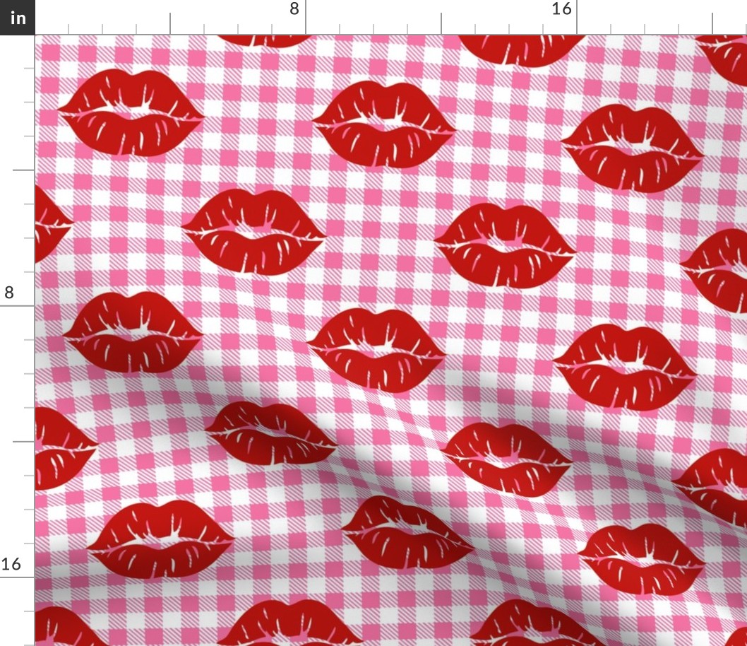 Large Scale Bright Red Lips on Hot Pink and White Gingham Checker Plaid